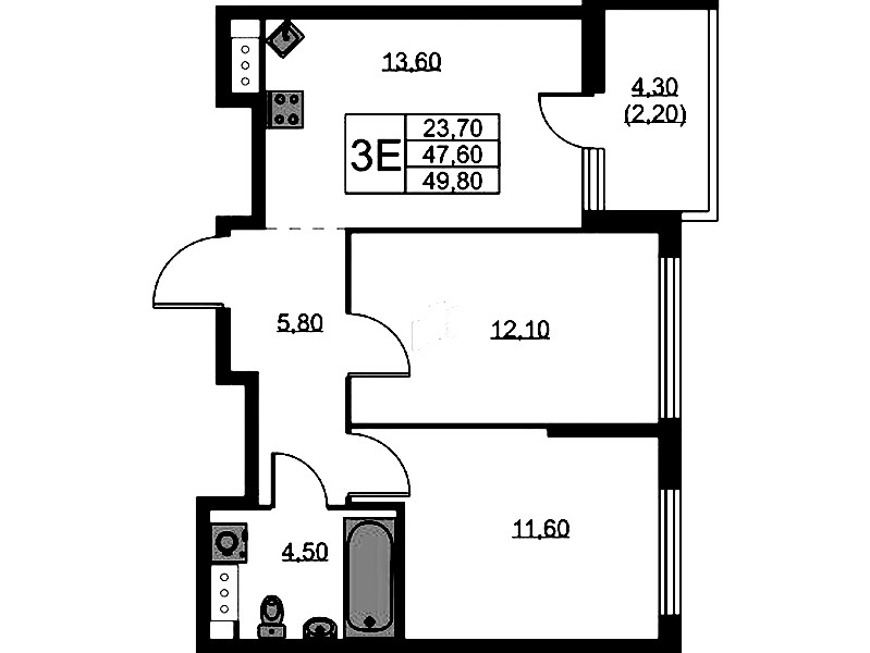 2-комнатная квартира 49.8 м², 10/11 эт., ЖК «А101 Лаголово»